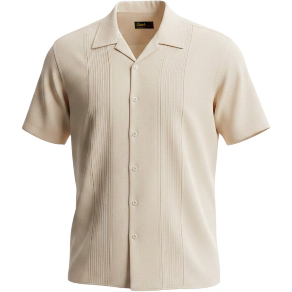 Havana Nines Mens 3X Silk Guayabera Shirt Cream Short Sleeve Camp Collar Pleated